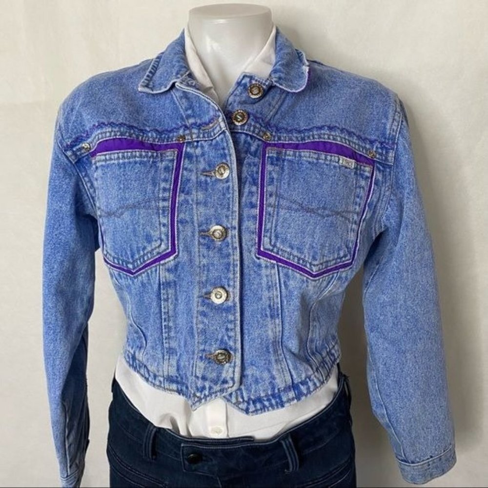 Vintage Ethics Jean Jacket Embroidered Cropped Pearl Button  Purple Details S - Picture 7 of 12